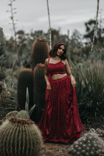 Morana - Wine Red Sequin Lehenga - TANTRUMTHELABEL